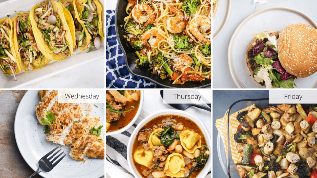 Week four healthy meal plan menu with tacos, shrimp pasta, burgers, chicken, soup, and more.