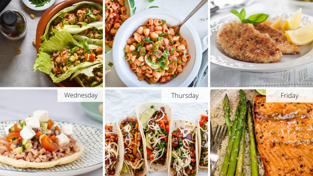 Healthy meal plan recipes including lettuce wraps, pasta, crispy pork, tostadas, tacos, and salmon.