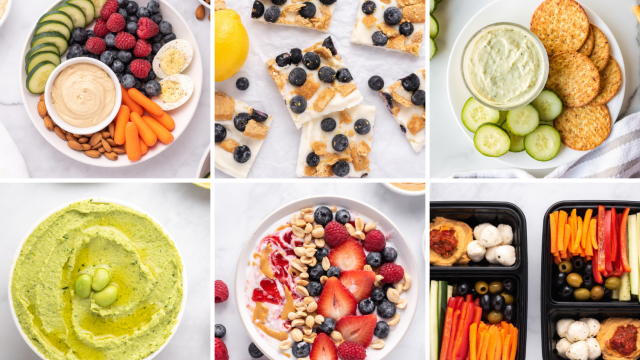 Weight watchers snacks including hummus, yogurt bark, guacamole, dip, and more.