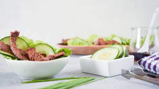 Korean beef lettuce wraps with cucumbers ,green onions, and homemade sauce.