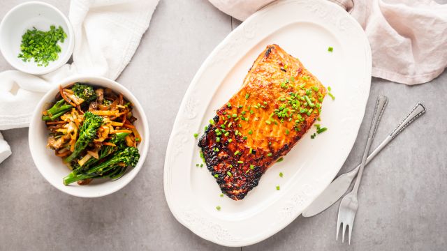 Brown sugar salmon with a crispy top and served with stir fried vegetables. 