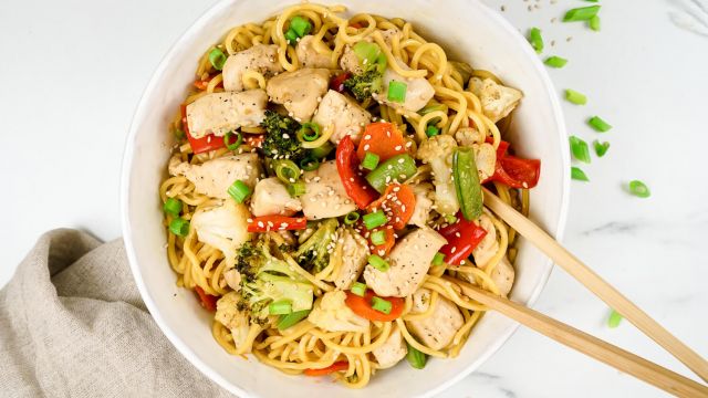 Chicken chow mein with chicken breast, noodles, and veggies in a savory chow mien sauce.