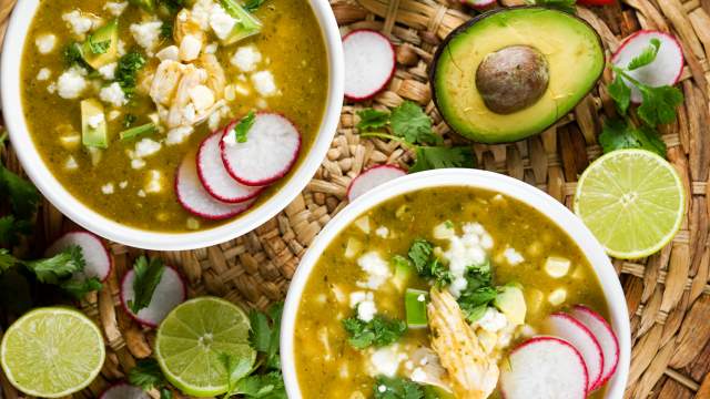 Chicken tortilla soup with fresh corn, cilantro, avocado, and queso fresco/