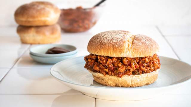 Ground turkey sloppy joes with bell peppers, lean ground turkey, and sloppy joe sauce served on a whole grain bun.