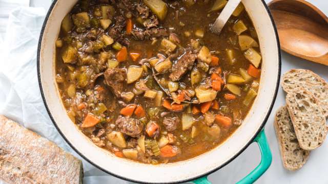 Hearty beef stew with potatoes, carrots, parsnips, and tender beef cooked in a hearty beef broth.