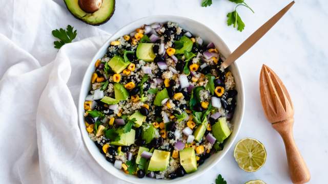 Southwest Quinoa Salad with black beans, corn, and cilantro dressing in a bowl.