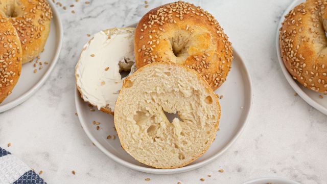 Two ingredient dough bagels with sesame seeds and served with cream cheese.